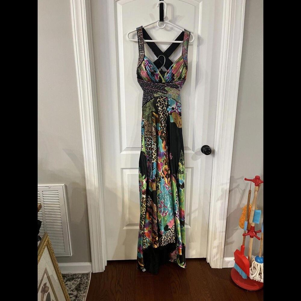 Camille La Vie Y2K Retro Satin Animal Print Multicolor Prom Formal Sequin Sz‎ 4